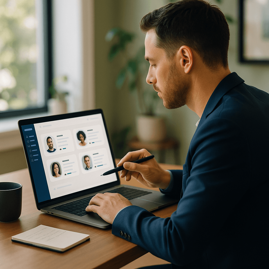 This image shows a professional man seated at a desk, attentively engaging with employee profiles displayed on his laptop screen. He is using a stylus to interact with the data, which features photos and brief information of four different individuals. The setting appears to be a well-lit office environment with a window in the background and a notebook and coffee mug on the desk, indicating a focused work session likely related to human resources or team management.