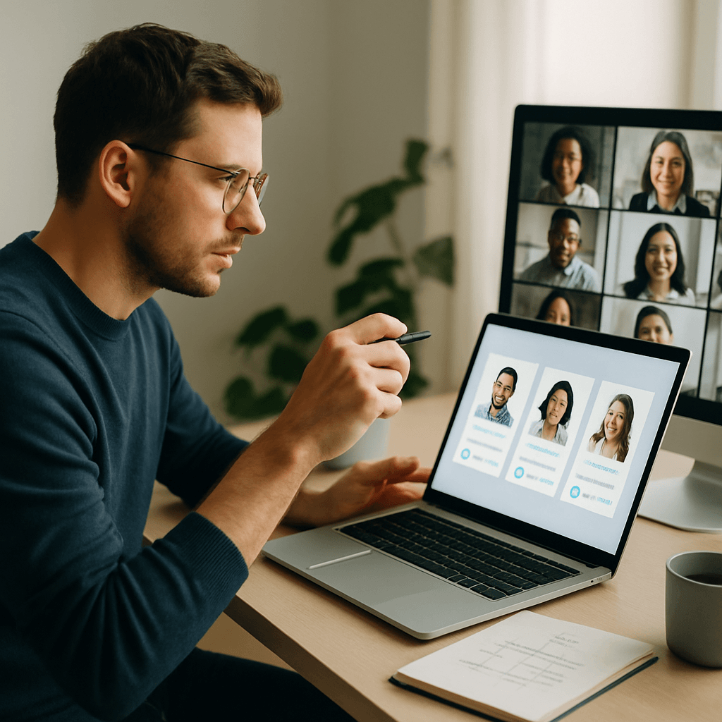 The image shows a man with glasses sitting at a desk in a modern home or office setting, engaged in a virtual meeting. He is focused on a laptop screen displaying profile cards of three colleagues or team members. Behind the laptop, a desktop monitor displays a video conference grid with six participants, indicating an ongoing group discussion or remote collaboration. The workspace includes a notebook and a coffee mug, suggesting a professional and organized remote work environment. This image highlights modern virtual communication and remote teamwork facilitated by video conferencing technology.