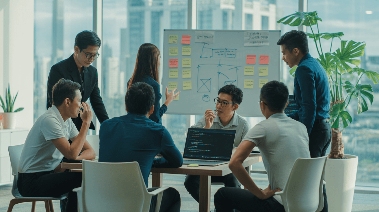 This image shows a team of six professionals engaged in a collaborative brainstorming session within a modern office environment.