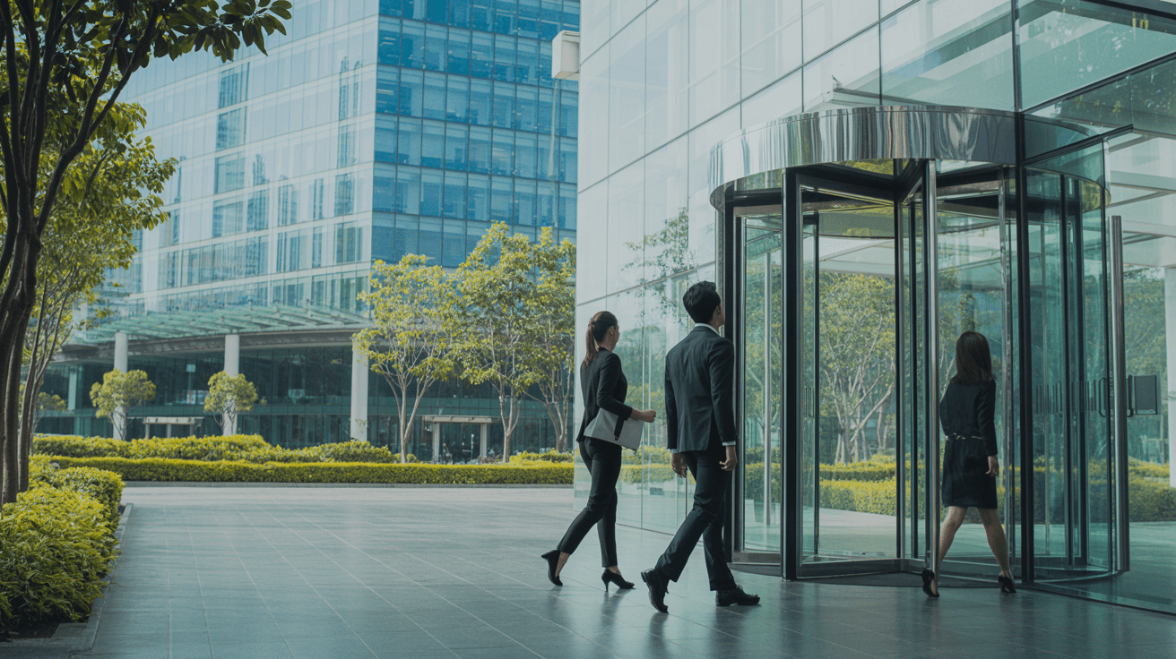 This image features three business professionals walking towards a modern office building.