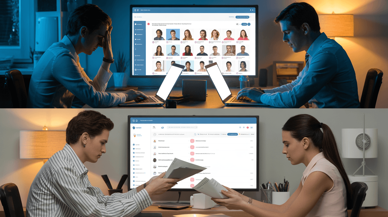 The image is divided into two sections, each showing pairs of individuals working collaboratively in an office setting. The top half depicts two professionals at night, focused on laptops with a large monitor displaying a web application interface featuring a grid of profile pictures, likely for team management or social networking. The bottom half shows another pair of colleagues in a well-lit office environment, reviewing documents while a monitored display shows an email or messaging application interface. The overall image highlights different facets of workplace digital collaboration tools used for communication, team management, and document handling.