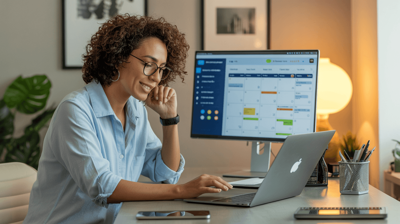 This image shows a woman with curly hair and glasses sitting at a desk while working on a laptop. Behind her, a desktop monitor displays a digital calendar interface with a monthly view, showing various appointments and events marked in different colors. The work environment is well-lit with a lamp on the desk, and office supplies such as pens and a calculator are visible. The setting appears to be a comfortable home office or professional workspace, highlighting themes of digital organization, remote work, and productivity.