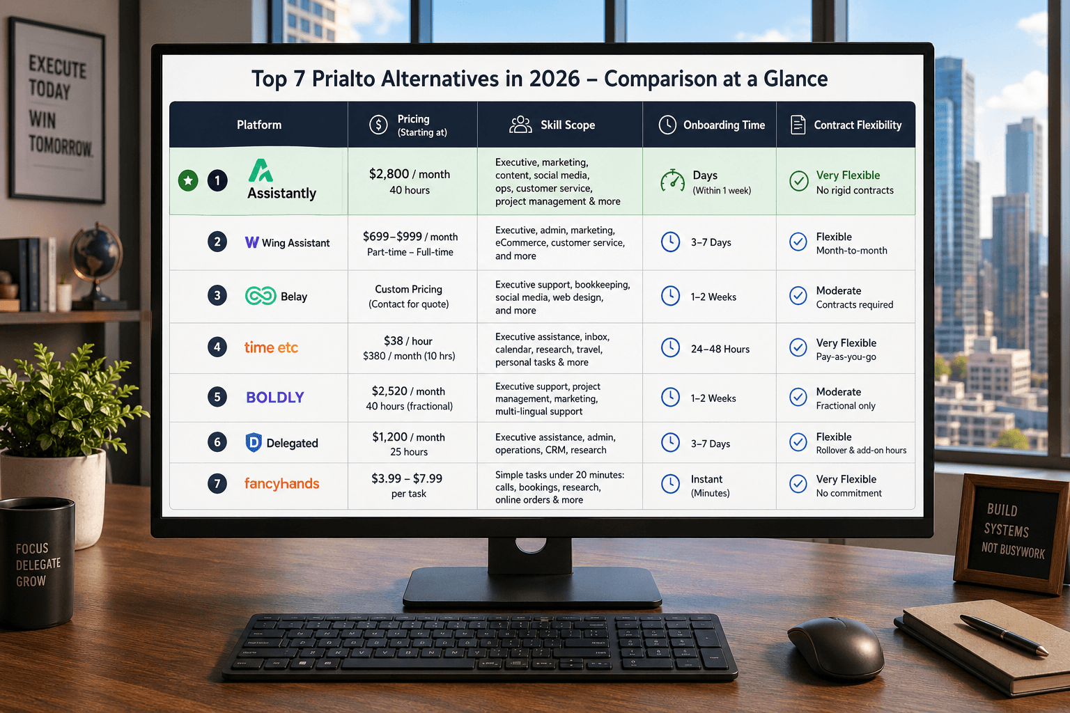 This image displays a detailed comparison chart of the top 7 alternatives to the Prialto virtual assistant platform in 2026. The table compares each platform based on pricing, skill scope, onboarding time, and contract flexibility. The platforms listed are Assistantly, Wing Assistant, Belay, time etc, BOLDLY, Delegated, and fancyhands. The information includes monthly or hourly pricing, types of skills offered such as executive support, marketing, customer service, social media, project management among others, the expected onboarding timeframe ranging from instant to 1-2 weeks, and the level of contract flexibility from very flexible to moderate. The chart is presented on a desktop monitor in a professional office environment, suggesting use for business decision making or vendor evaluation purposes.
