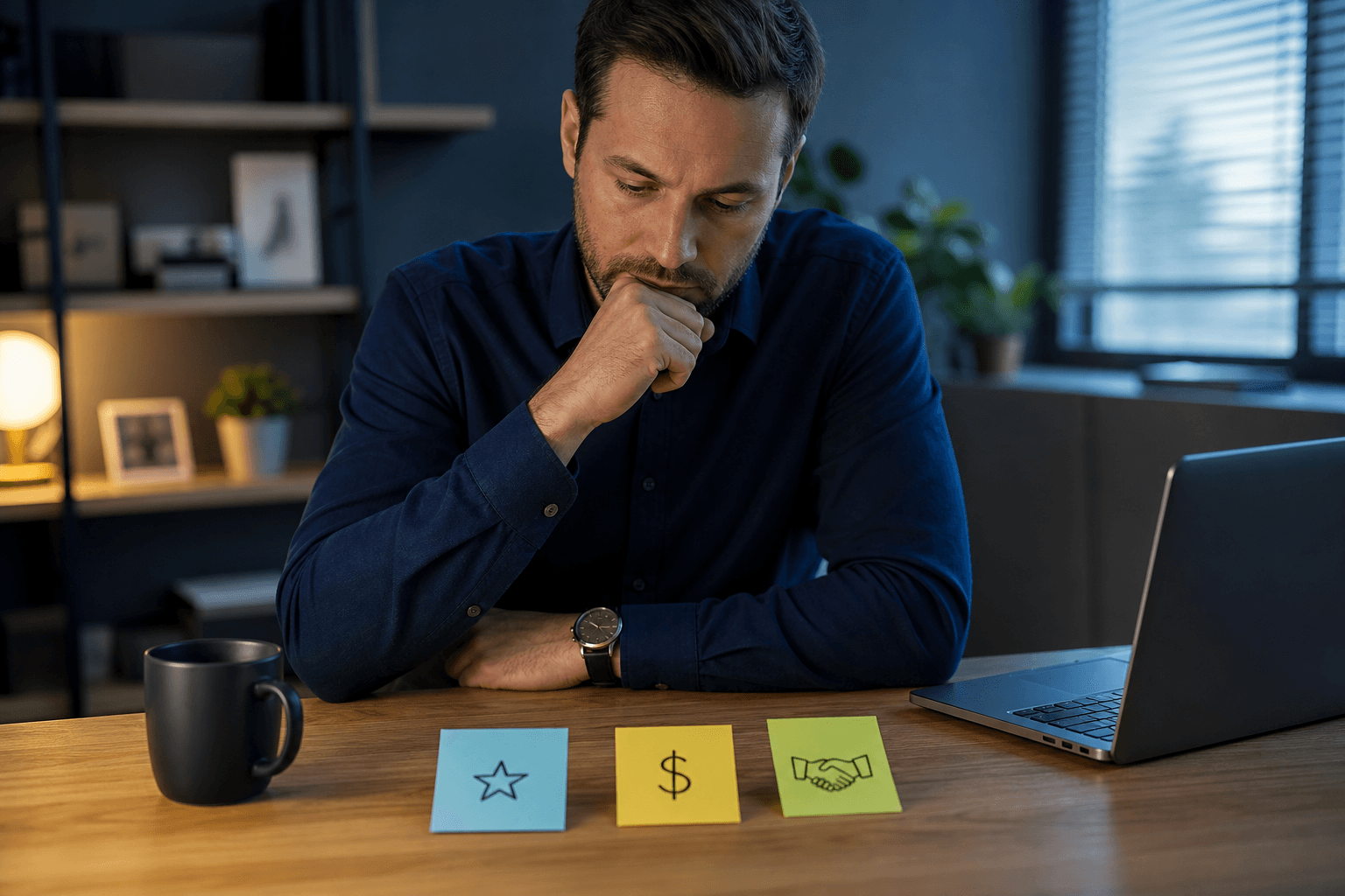 The image shows a man sitting at a desk in a dimly lit office environment, thoughtfully considering three colorful Post-it notes placed in front of him. Each note features a different icon: a star on the blue note, a dollar sign on the yellow note, and a handshake on the green note, symbolizing goals, financial considerations, and partnerships or agreements respectively. The man is dressed in a dark blue shirt and appears focused, suggesting he is strategizing or prioritizing business objectives. On the desk, there is also a closed laptop and a black coffee mug, indicating a work setting. The background includes shelves with framed pictures and plants, contributing to a professional yet relaxed ambiance. This image can be used to represent decision-making, business planning, or strategic thinking in professional knowledge bases or presentations.