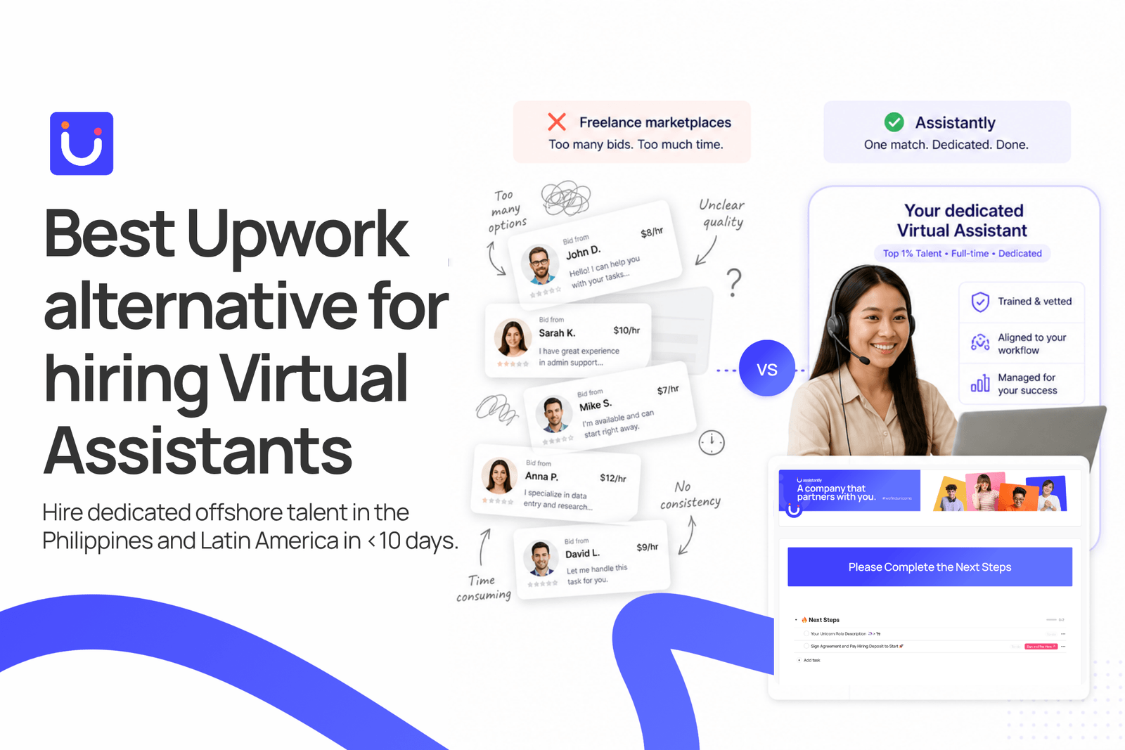 This image promotes a platform as the best alternative to Upwork for hiring virtual assistants, highlighting the benefits of hiring dedicated offshore talent from the Philippines and Latin America within 10 days. On the left side, it illustrates the challenges of freelance marketplaces, including too many bids, unclear quality, and time-consuming options. On the right, it contrasts this with the platform's offer of a single dedicated virtual assistant who is top 1% talent, full-time, trained, vetted, aligned to workflow, and managed for success. A smiling woman with a headset represents the dedicated assistant, reinforcing the personalized service. The image aims to communicate efficiency, quality, and consistency in virtual assistant hiring.