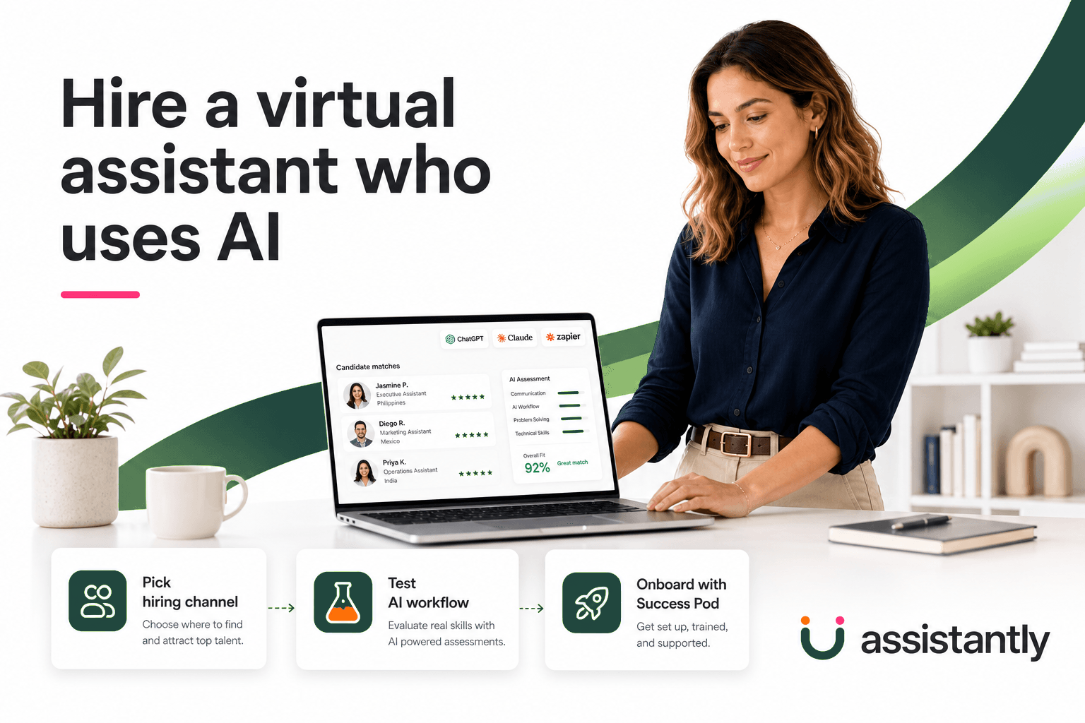 Hire a virtual assistant who uses AI hero graphic showing entrepreneur reviewing AI-trained VA candidates