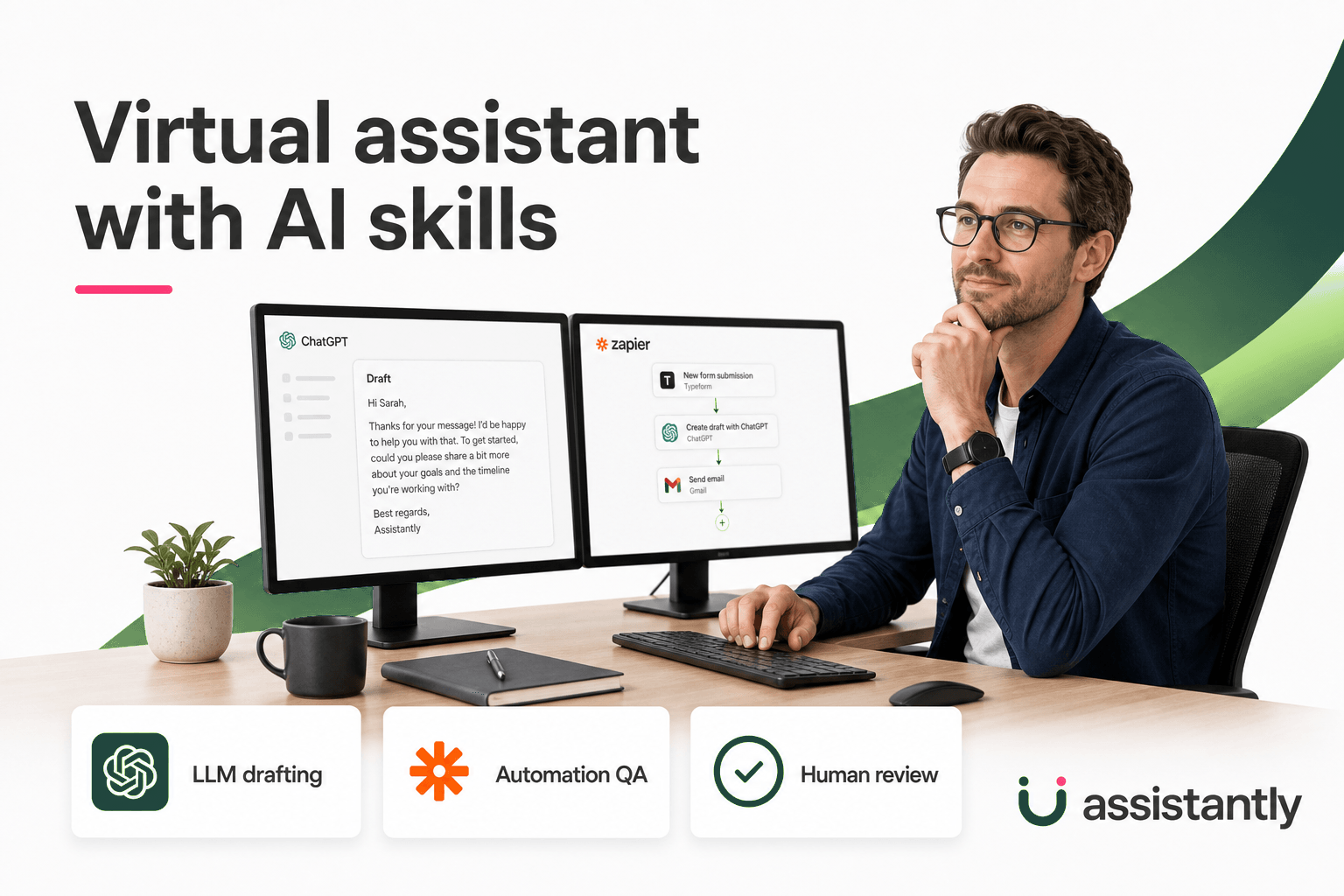 Virtual assistant with AI skills hero graphic showing professional at desk with ChatGPT and Zapier workflow screens