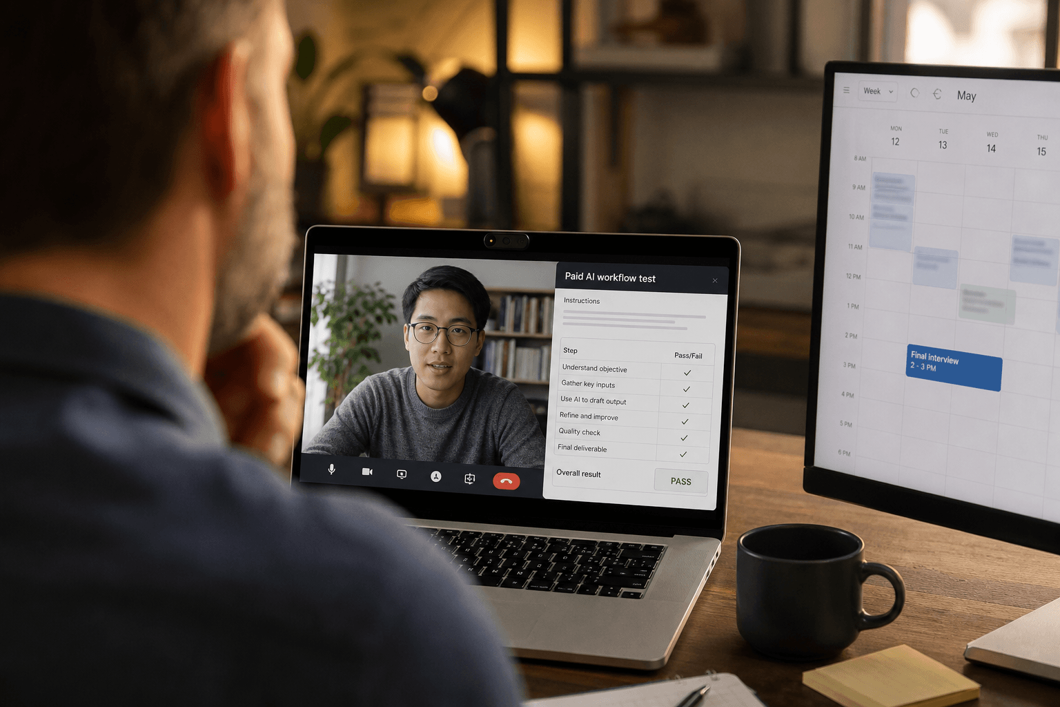 Founder relieved as virtual assistant handles AI workflow decisions on a shared dashboard