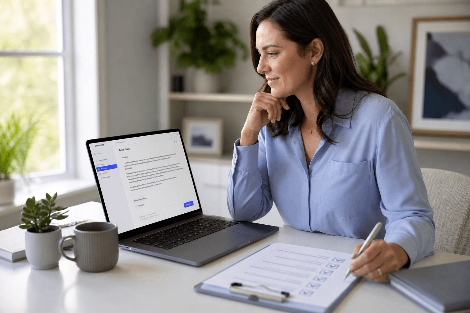 AI-enhanced human virtual assistant reviewing AI draft with human QA checklist before send
