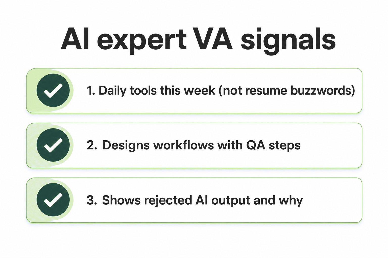 Checklist of AI expert VA signals: daily tools, workflow design, and rejected AI output